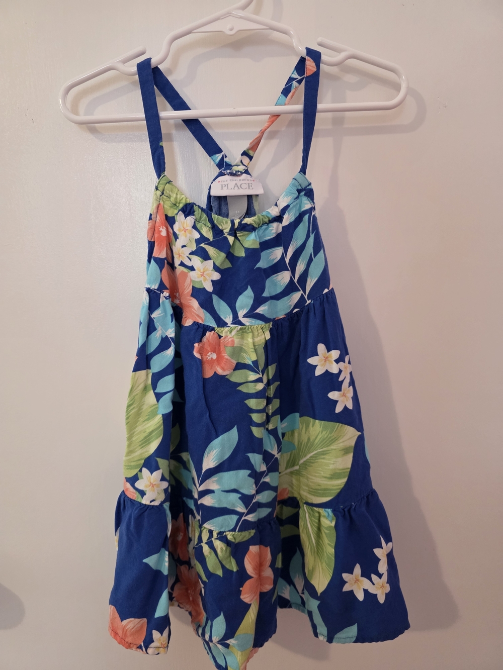 The Children's Place Tropical Floral Sundress - Blue with Green & Coral Flowers